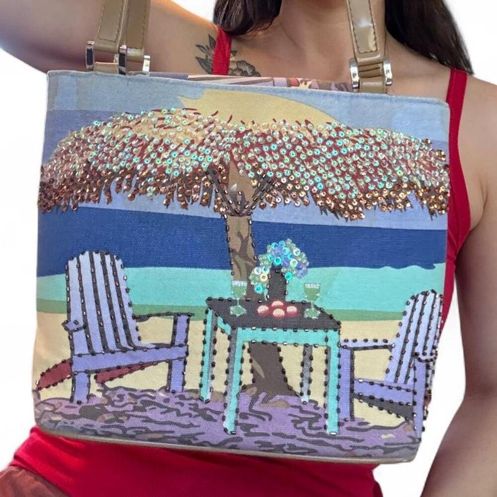 Sequined Beaded Beach Tote Shoulder Bag Canvas Tan Summer Vacation Boho Coastal
